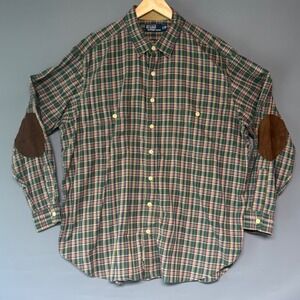 Polo Ralph Lauren Polo Country Plaid Shirt Suede Elbow Patches Green 2XB Big